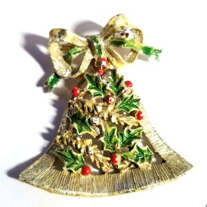 Vintage Gerrys Christmas bell brooch pin pale gold tone bow holly